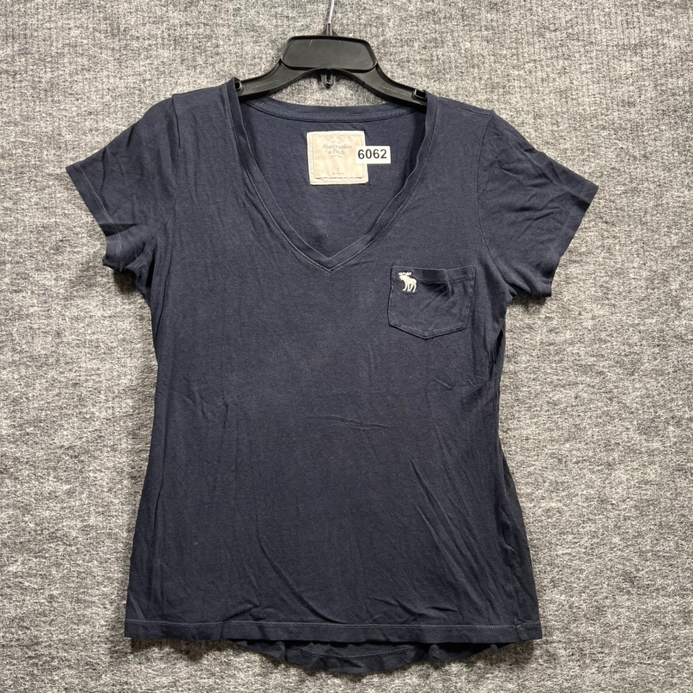 Abercrombie & Fitch Navy Blue V-Neck Pocket T-Shirt Moose Logo Womens Small